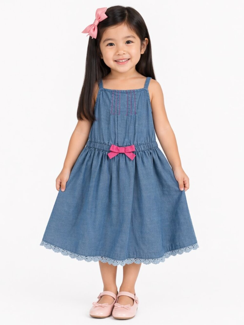 Cherokee Chambray Size 3T Sleeveless Dress Pink Bow Embroidery Ruffle Hem